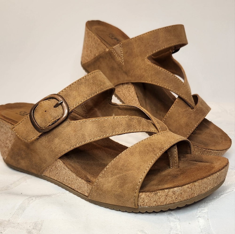 Eurosoft by Sofft Emrie 2.75" Cork Wedge Suede Sandal Brown Size 10